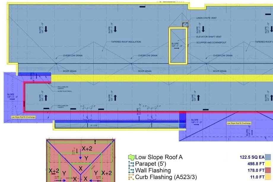 Detailed roof plan takeoff with measurements